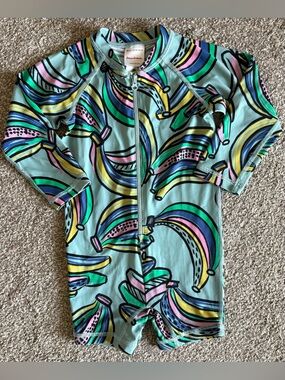 Hanna Andersson Teal Full-Zip Rashguard Swimsuit with Multicolor Banana Print